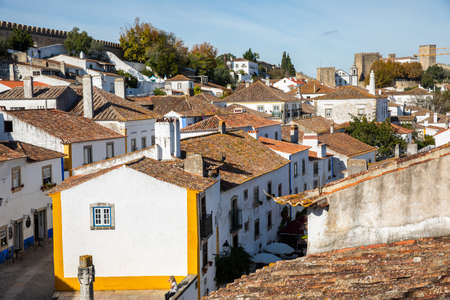 Obidos, Portugal - 2020, October 31: Architectural details of Obidos town and municipality in the Oeste region, historical province of Estremadura, former Leiria district in Portugal on October 31st, 2020のeditorial素材