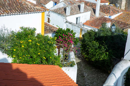 Obidos, Portugal - 2020, October 31: Architectural details of Obidos town and municipality in the Oeste region, historical province of Estremadura, former Leiria district in Portugal on October 31st, 2020のeditorial素材