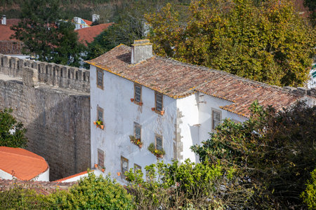 Obidos, Portugal - 2020, October 31: Architectural details of Obidos town and municipality in the Oeste region, historical province of Estremadura, former Leiria district in Portugal on October 31st, 2020のeditorial素材