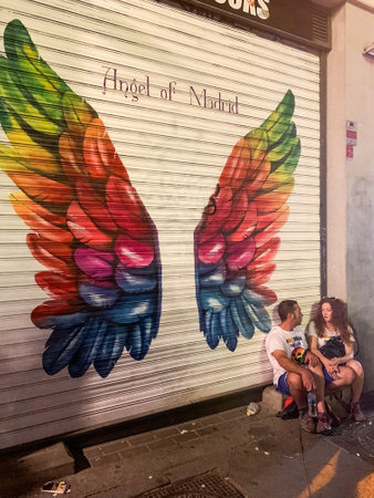Madrid, Spain - July 6-9, 2019: Unknown people participating in Pride, the annual LGBT pride festival, known as âOrgullo Gay de Madridâ and its acronym MADO between July 6th and 9th 2019 in Madrid, Spainのeditorial素材
