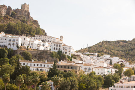 Andalusia, Spain - October 11: Architectural details of the picturesque small, quiet hilltop white...