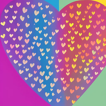 Colorful hearts on a pink and blue background. Vector illustration, created with AI generative tools