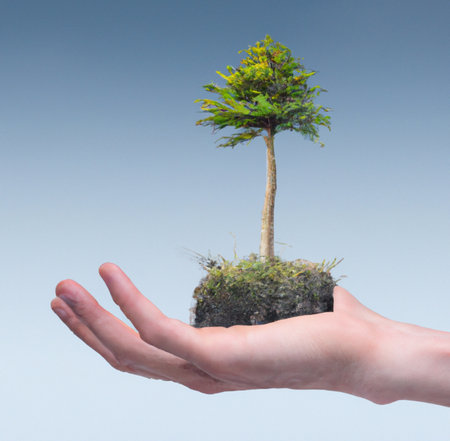Small tree in human hand on a gray background. The concept of ecology.の素材