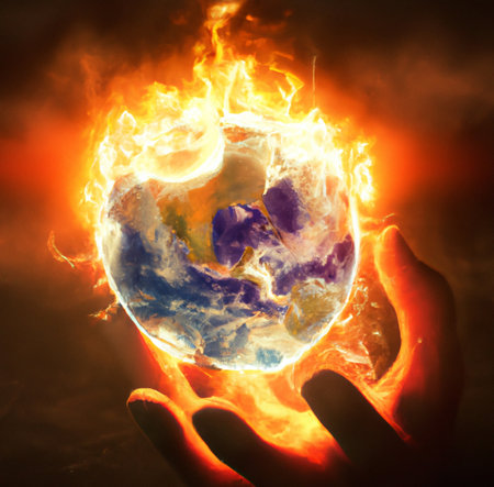 Image of human hand holding Earth planet on fire, global warming and climate change conceptの素材