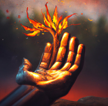 Image of human hand holding a tree on fire, global warming and climate change conceptの素材