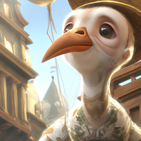 Cartoon stork in the city on blue sky background. 3d illustration.の素材