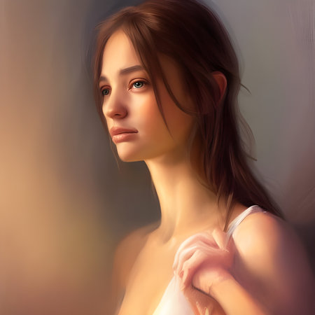 Portrait of a beautiful young woman with long brown hair and natural make-up.の素材