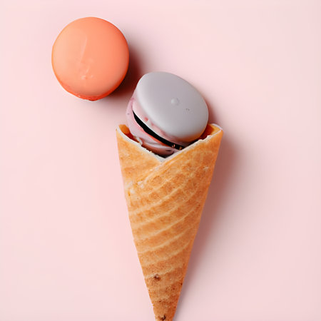 Colorful macaroons in waffle cone on pink background, top viewの素材