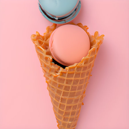 Ice cream in waffle cone on pink background. Minimal conceptの素材