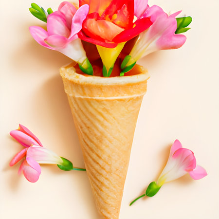 Ice cream cone with flowers on pastel background. Flat lay.の素材
