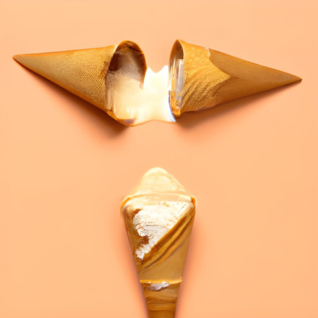 Ice cream in waffle cone on pastel background, top viewの素材