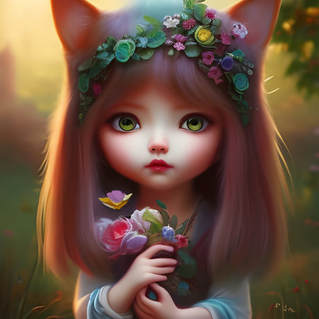 3d illustration of a little girl with a bouquet of flowersの素材