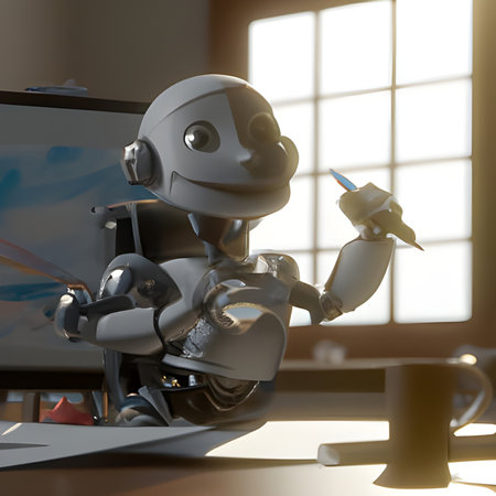 3d render of robot working in the office with laptop computer. AI conceptの素材