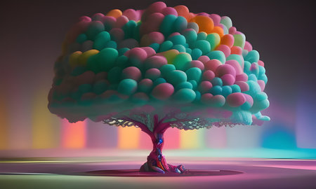 3d illustration of a tree with colourful balloons crownの素材