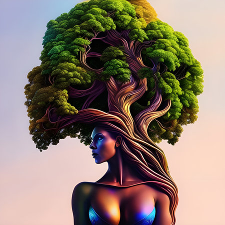 Woman with a tree in her hair. Conceptual illustration. 3D rendering. Mother Nature conceptの素材