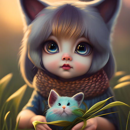 3d illustration of a cute little girl with a cute furry animal in her arms, friendship, nature lover conceptの素材