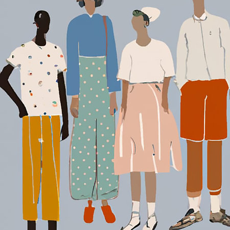 Fashion illustration of a diverse group of women wearing retro, stylish summer clothes.の素材