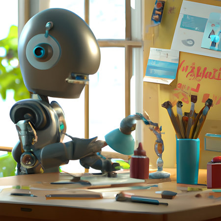 3d render of AI robot working in a workshop. Education and artificial Intelligence concept.の素材