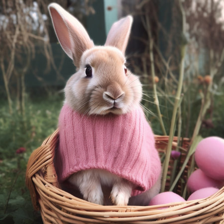 Easter bunny with sweater in a basket with pink eggs in the garden.の素材