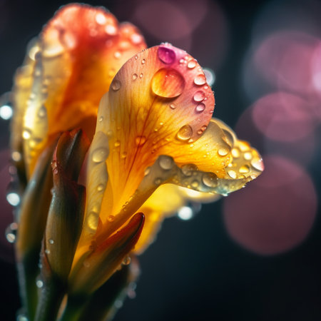 Beautiful yellow freesia flower with dew drops, photorealisticの素材