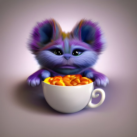 Cat in a cup of muesli. 3D illustration.の素材