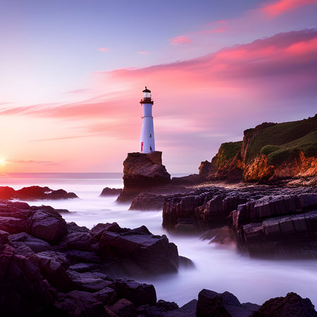 Lighthouse on the rocks at sunset, Cornwall, England, UKの素材