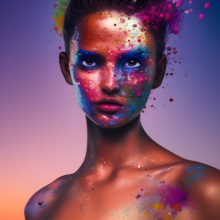 Fashion art portrait of a beautiful woman with colorful make-up.の素材