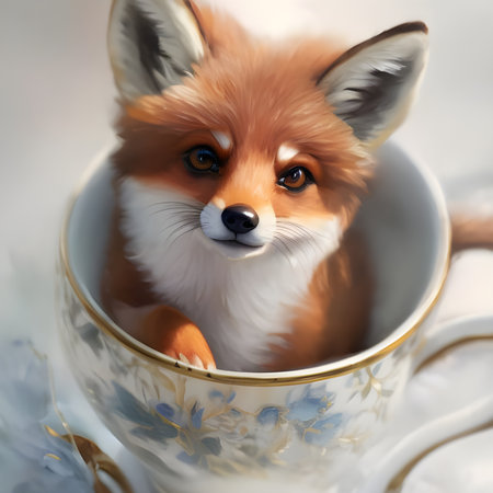 Portrait of a cute red fox sitting in a cup of coffeeの素材