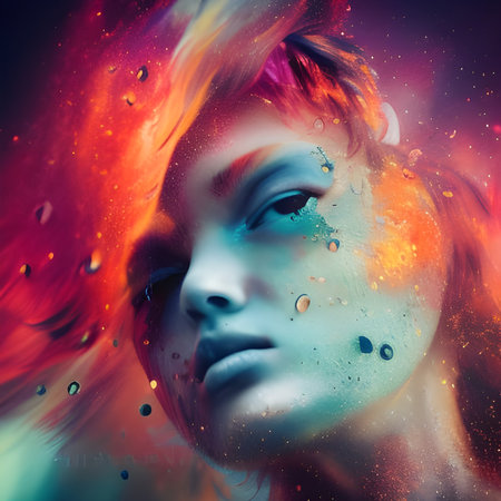 Portrait of young beautiful woman with creative make-up and hairstyle lost in a storm of coloursの素材