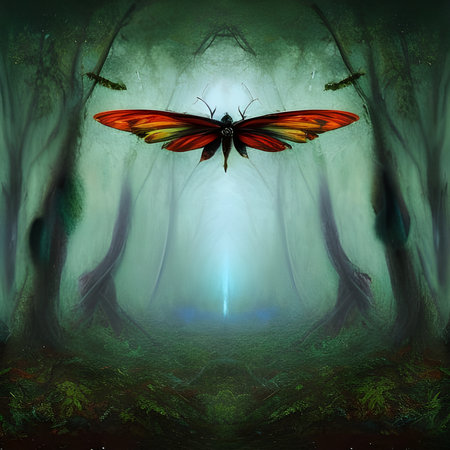 Butterfly in the forest. 3D rendering. Computer digital drawing.の素材