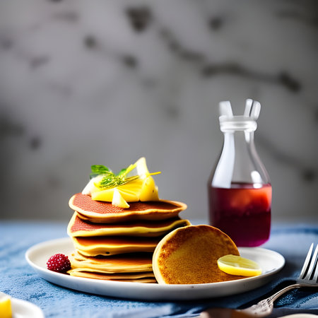 Homemade pancakes with honey and lemon on a light background. toning. selective focusの素材