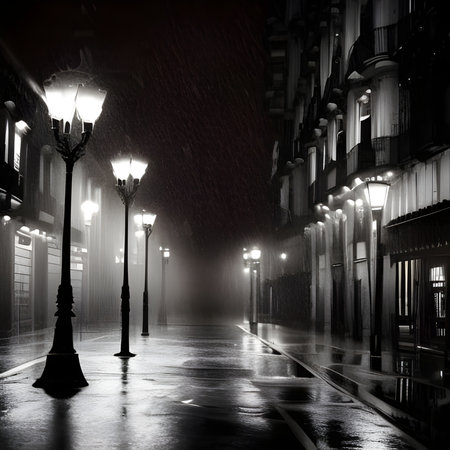 Street lights at night in a foggy city. 3D renderingの素材