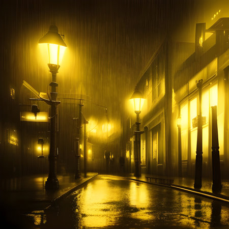 Foggy street at night with streetlight and lanterns. Raining cityscapeの素材