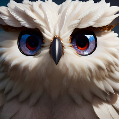 Close up of an owl with big blue eyes and white feathers.の素材