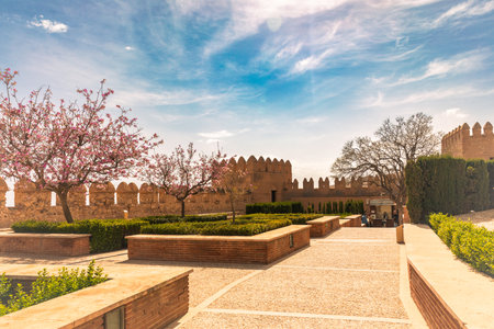 Almeria, Spain - April 17-19, 2023: Architectural details and view of the gardens of the fortified complex, Alcazaba of AlmerÃ­a, Spain between April 17th and 19th, 2023のeditorial素材