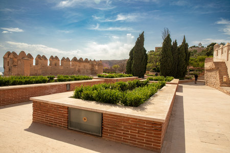 Almeria, Spain - April 17-19, 2023: Architectural details and view of the gardens of the fortified complex, Alcazaba of AlmerÃ­a, Spain between April 17th and 19th, 2023のeditorial素材