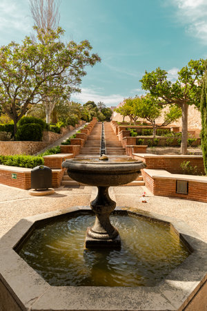 Almeria, Spain - April 17-19, 2023: Architectural details and view of the gardens of the fortified complex, Alcazaba of AlmerÃ­a, Spain between April 17th and 19th, 2023のeditorial素材
