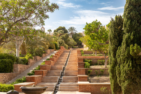 Almeria, Spain - April 17-19, 2023: Architectural details and view of the gardens of the fortified complex, Alcazaba of AlmerÃ­a, Spain between April 17th and 19th, 2023のeditorial素材
