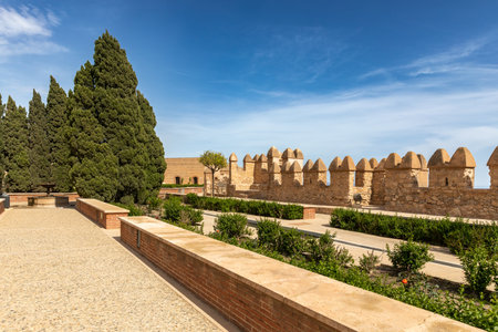 Almeria, Spain - April 17-19, 2023: Architectural details and view of the gardens of the fortified complex, Alcazaba of AlmerÃ­a, Spain between April 17th and 19th, 2023のeditorial素材
