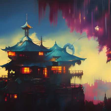 Chinese temple in the night. Digital painting. Colorful background.の素材
