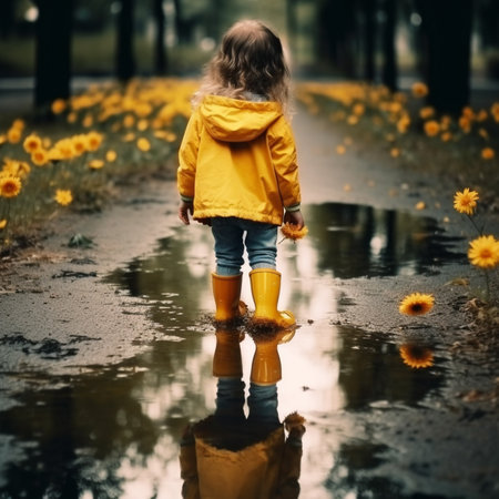 Little girl in yellow rain boots walking in a puddle with yellow flowersの素材