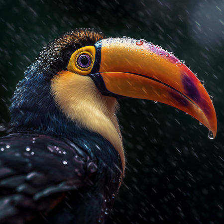 Close-up of a beautiful toucan with rain drops on its beakの素材