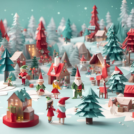 Christmas and New Year 3D illustration. Santa Claus and children in the village.の素材