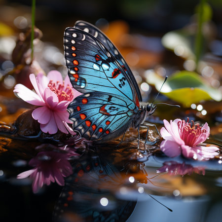 Beautiful butterfly on water surface with pink flowers reflected in water.の素材
