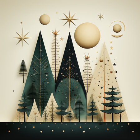 Merry Christmas and Happy New Year greeting card with winter forest and moon. Vector illustration.の素材