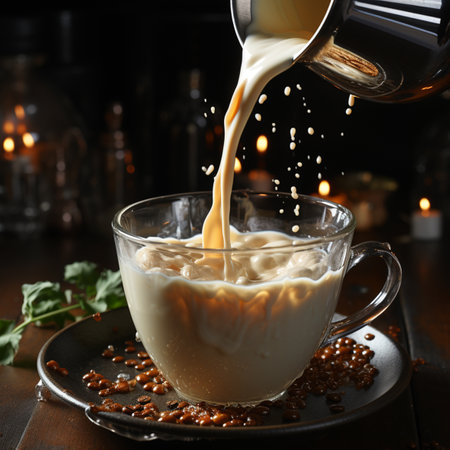 Pouring milk into cup with coffee beans on wooden table, closeupの素材
