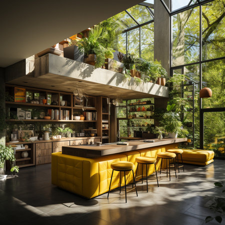 Interior of modern cafe with yellow kitchen bar and chairs and many plantsの素材
