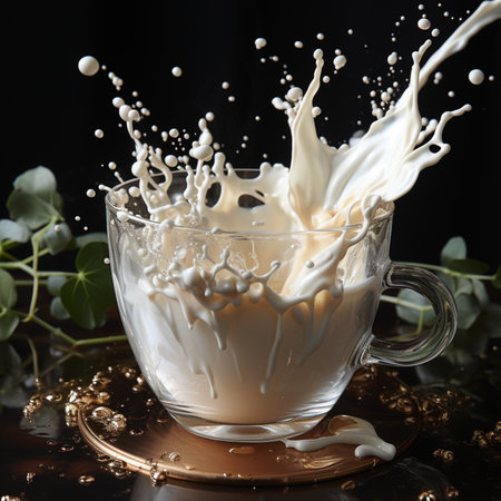 Splash of milk in a glass cup on a black background.の素材