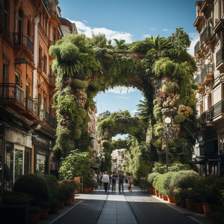 Futuristic image of tourists walking through the streets of Barcelona, with many green arches.の素材