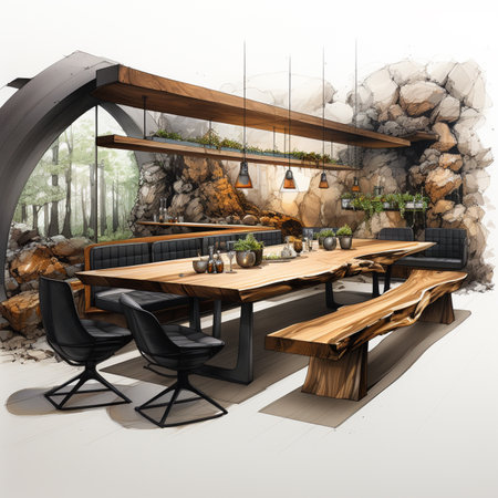 Interior design of a restaurant with wooden table and chairs. 3D renderingの素材